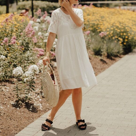French Connection White Boho Embroidered Lace Babydoll Mini Dress, Small - Picture 1 of 11